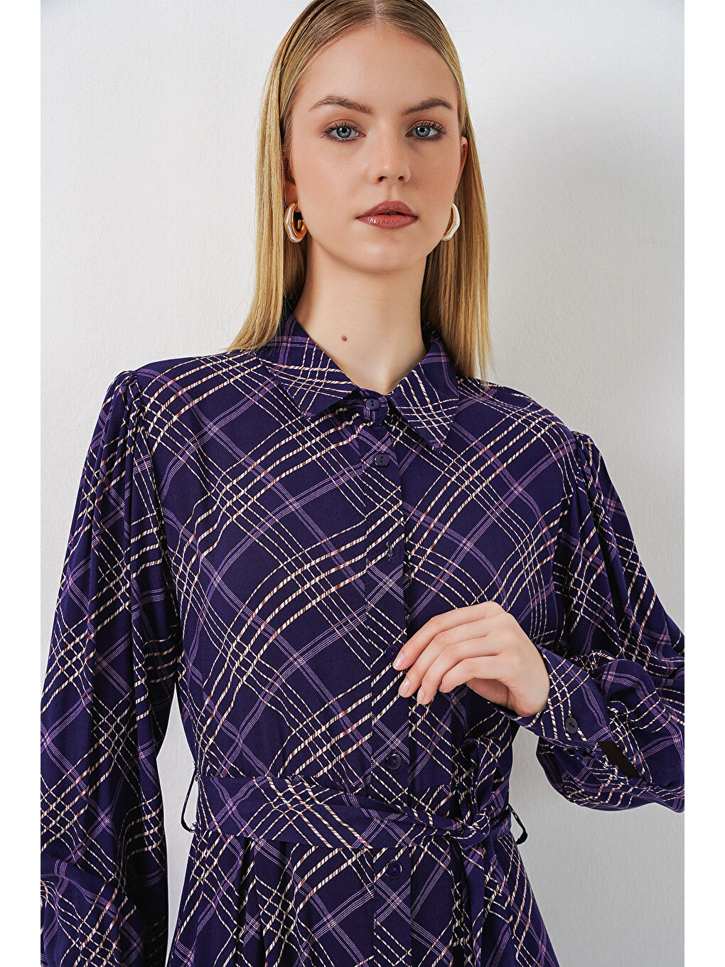 Kadın Boydan Düğmeli Uzun Tesettür Elbise 2588 - Mor-1