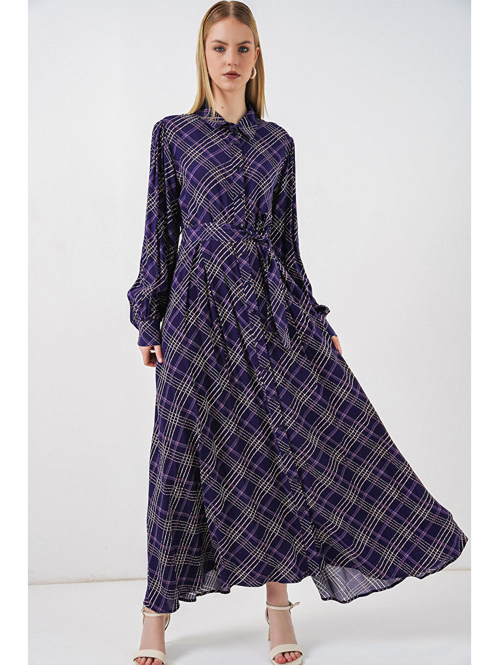 Kadın Boydan Düğmeli Uzun Tesettür Elbise 2588 - Mor-2