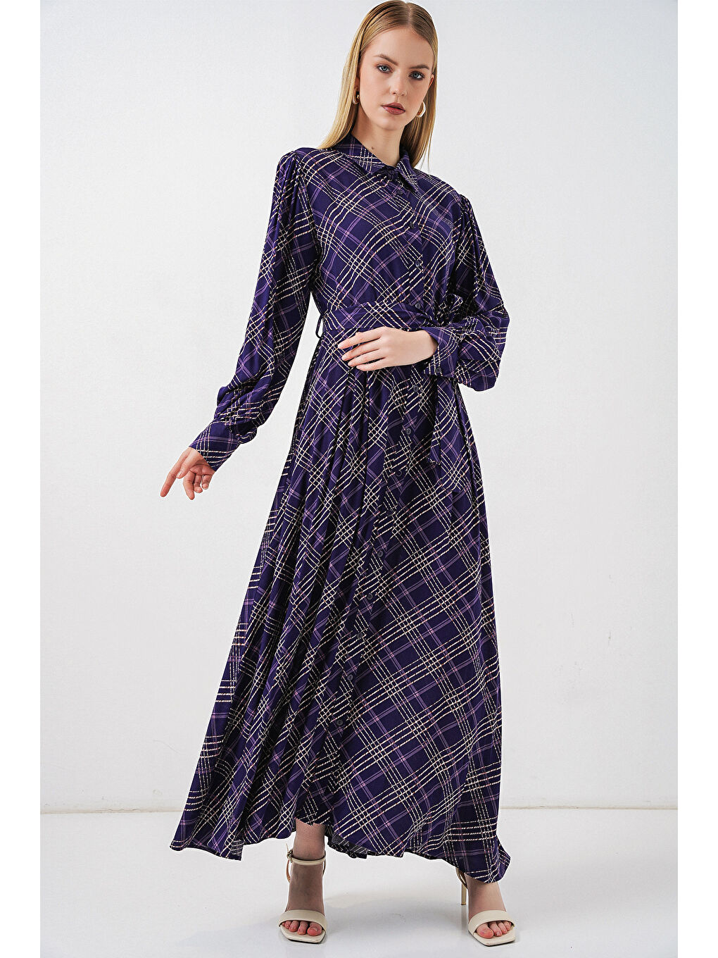 Kadın Boydan Düğmeli Uzun Tesettür Elbise 2588 - Mor-3