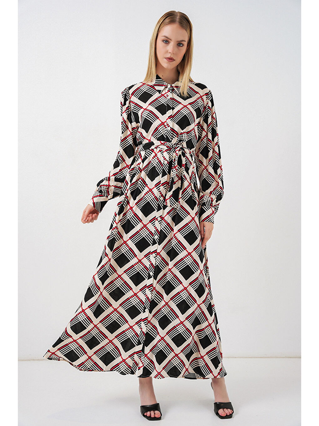 Kadın Boydan Düğmeli Uzun Tesettür Elbise 2588 - Siyah - Bej-2