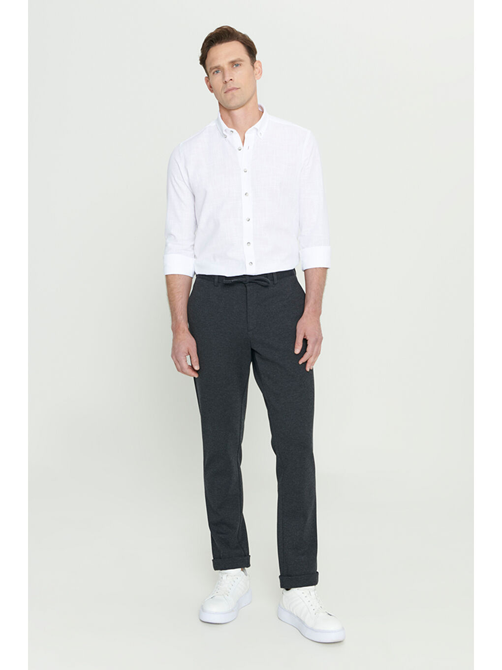 Erkek Antrasit Slim Fit Dar Kesim Beli Bağlamalı Esnek Pantolon-1
