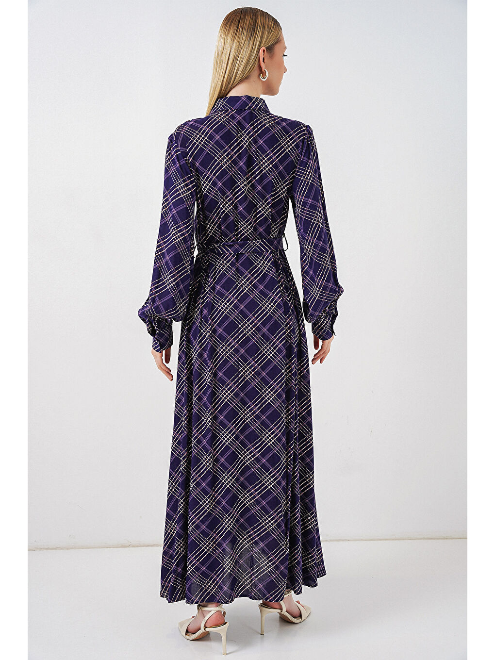 Kadın Boydan Düğmeli Uzun Tesettür Elbise 2588 - Mor-5