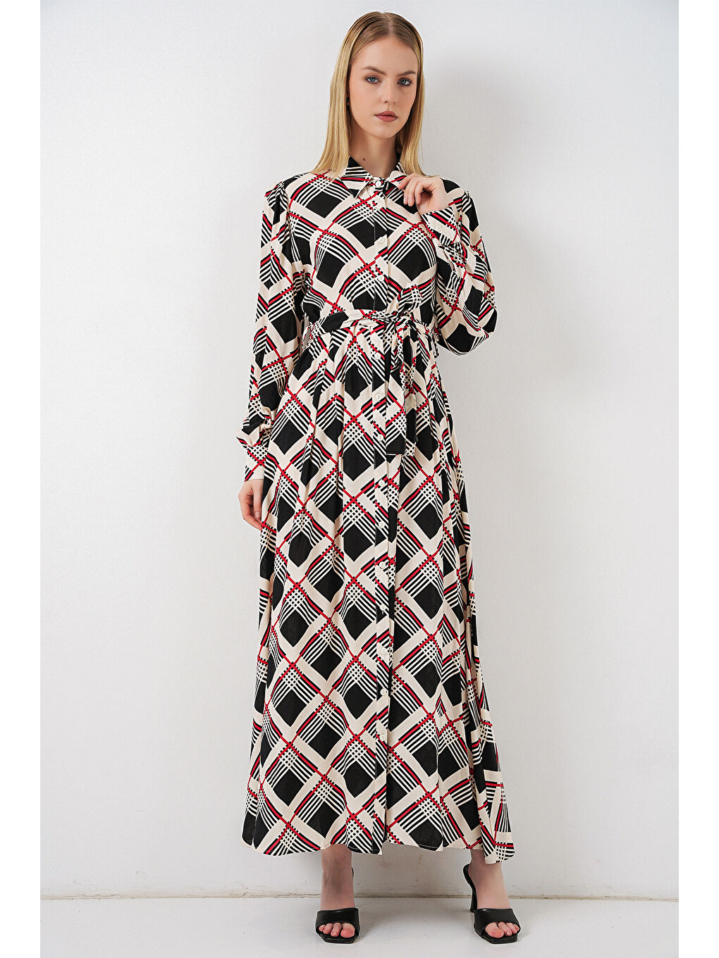 Kadın Boydan Düğmeli Uzun Tesettür Elbise 2588 - Siyah - Bej-3