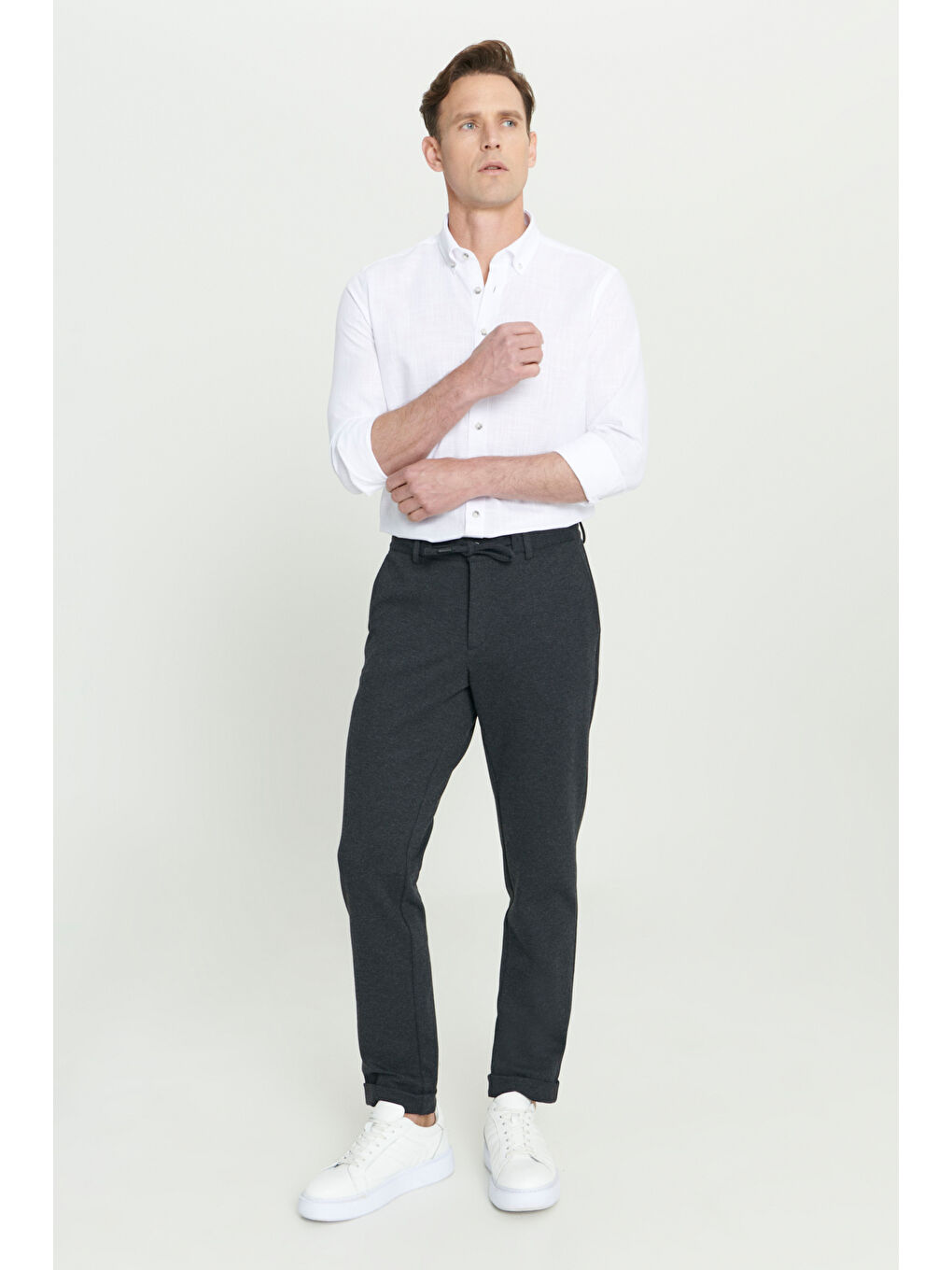 Erkek Antrasit Slim Fit Dar Kesim Beli Bağlamalı Esnek Pantolon-3