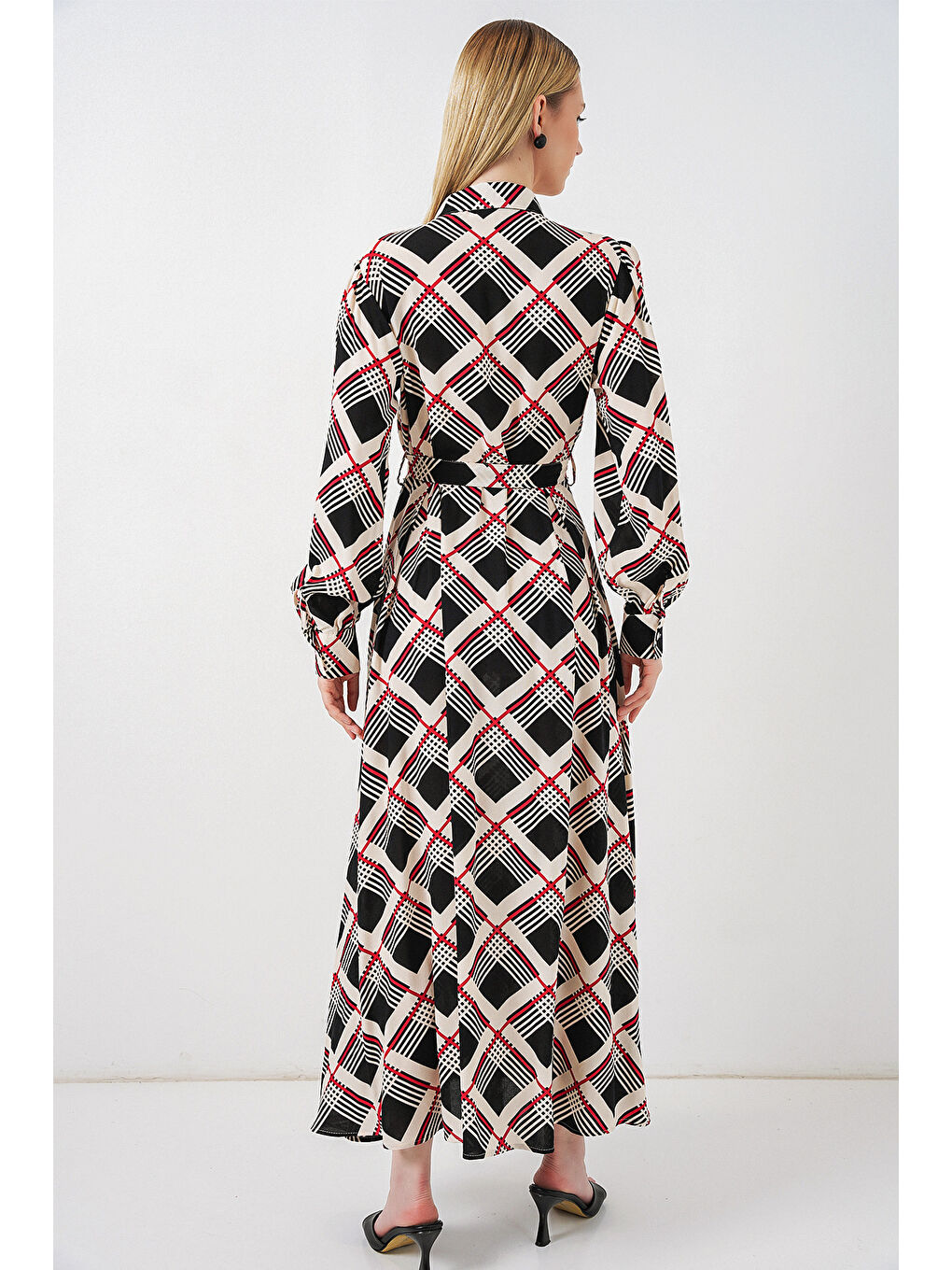 Kadın Boydan Düğmeli Uzun Tesettür Elbise 2588 - Siyah - Bej-5