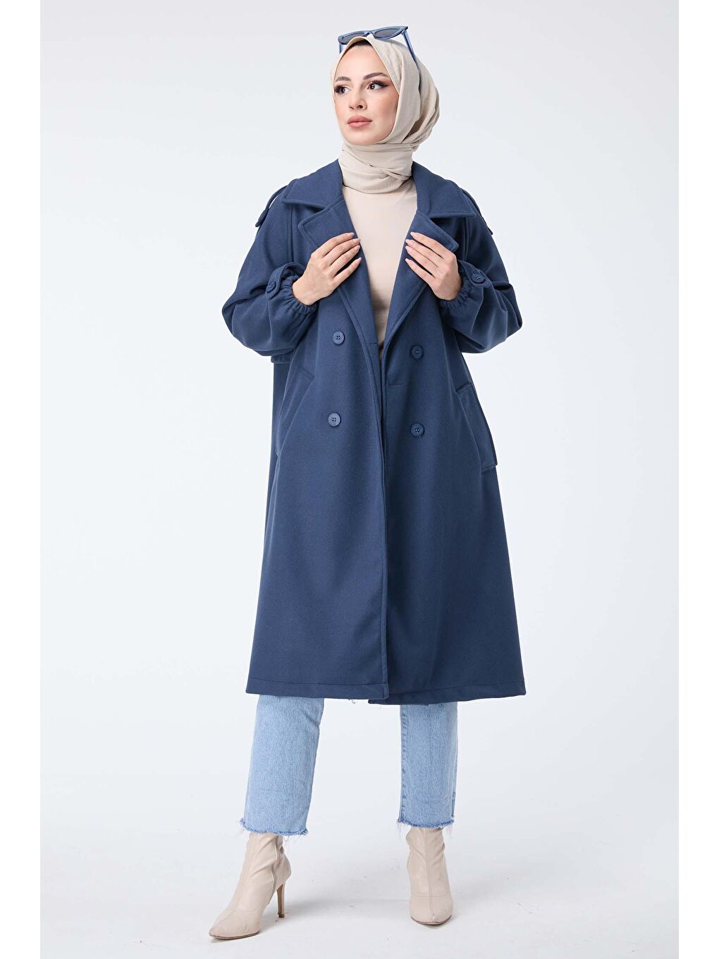 Gömlek Yaka Kadın Lacivert Kaşe Kaban - 23443
