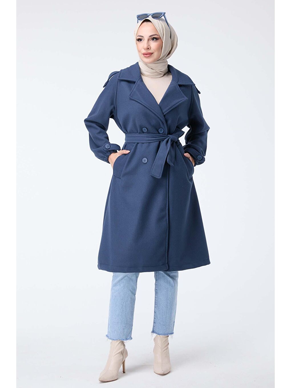 Gömlek Yaka Kadın Lacivert Kaşe Kaban - 23443-1