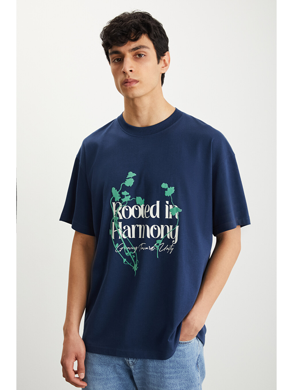Roklen Erkek %100 Pamuk Bisiklet Yaka Baskılı Lacivert T-shirt