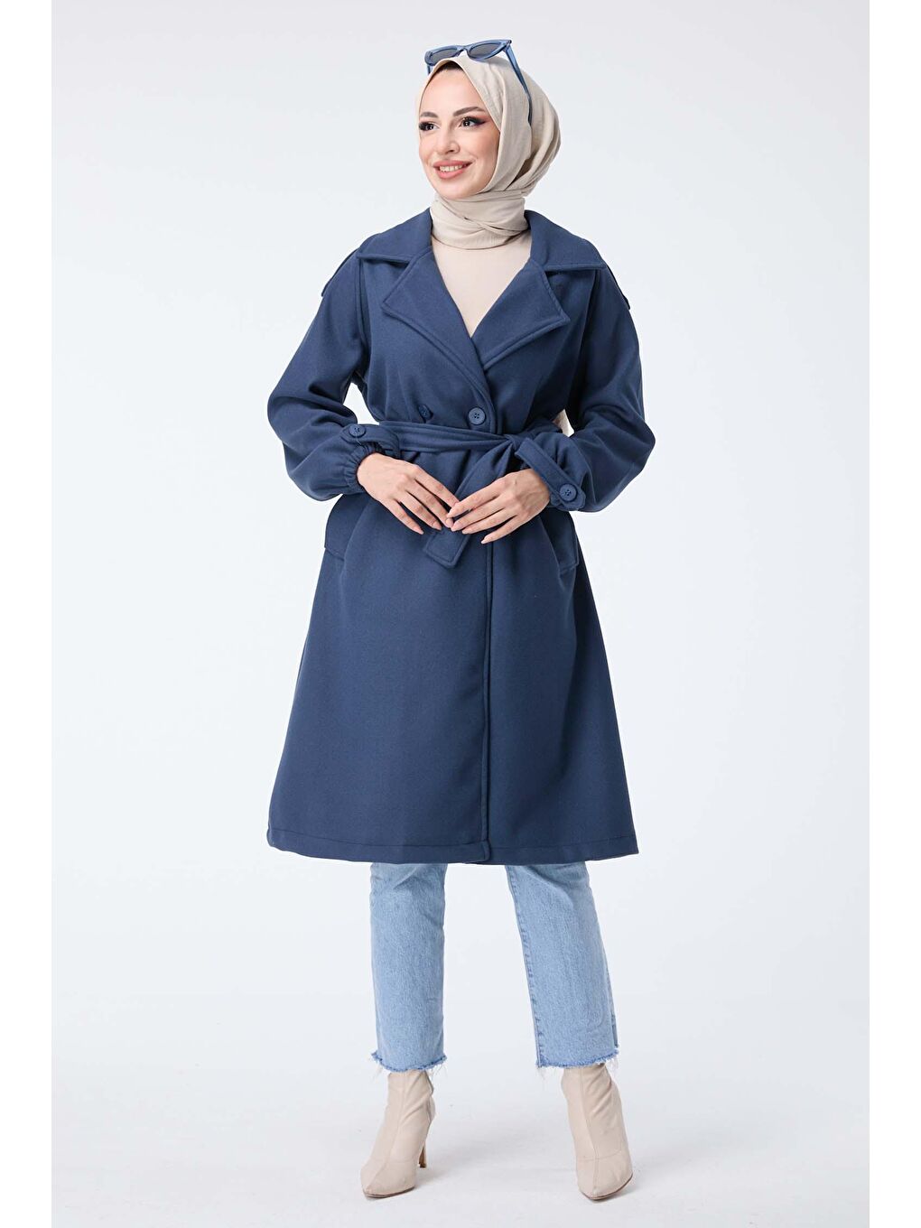 Gömlek Yaka Kadın Lacivert Kaşe Kaban - 23443-2