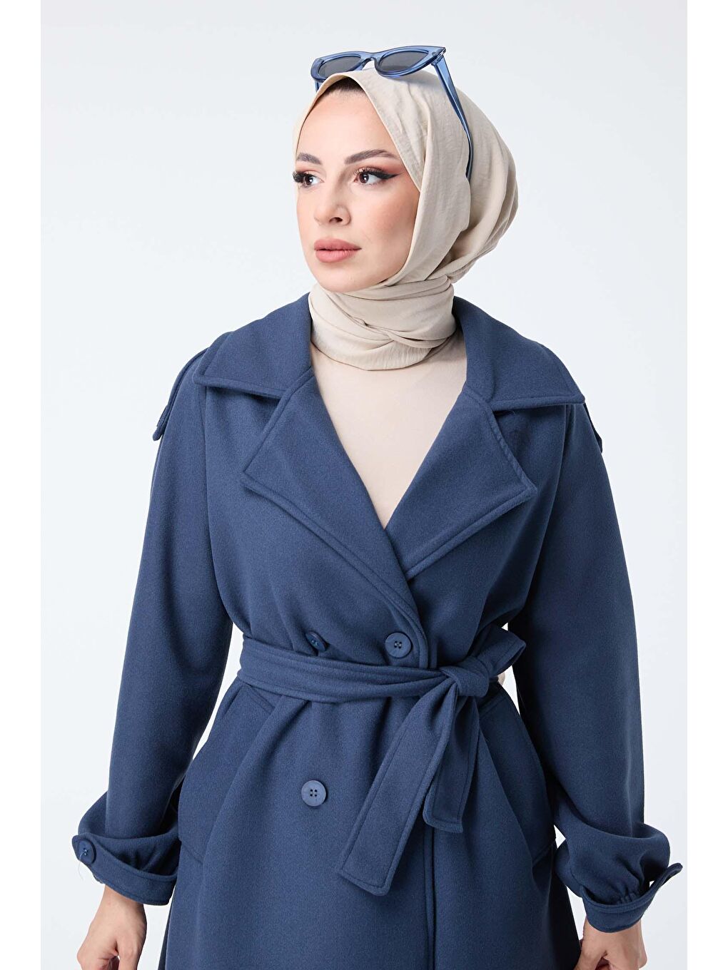 Gömlek Yaka Kadın Lacivert Kaşe Kaban - 23443-3