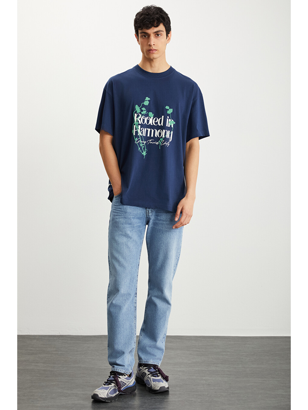 Roklen Erkek %100 Pamuk Bisiklet Yaka Baskılı Lacivert T-shirt-2