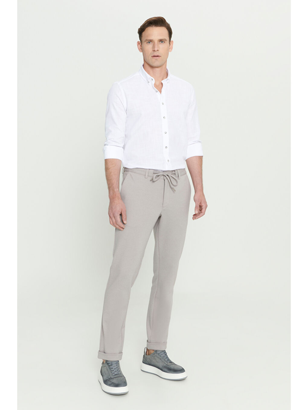 Erkek Açık Gri Slim Fit Dar Kesim Beli Bağlamalı Esnek Pantolon-1