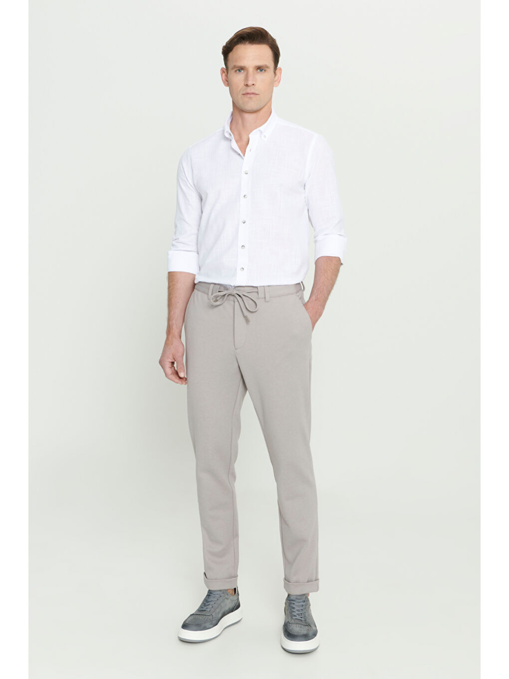 Erkek Açık Gri Slim Fit Dar Kesim Beli Bağlamalı Esnek Pantolon-2
