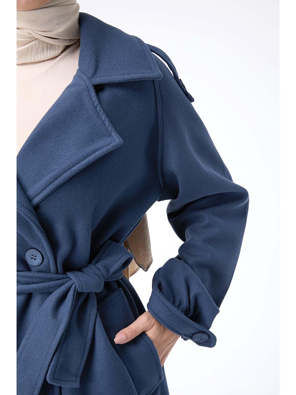 Gömlek Yaka Kadın Lacivert Kaşe Kaban - 23443-4