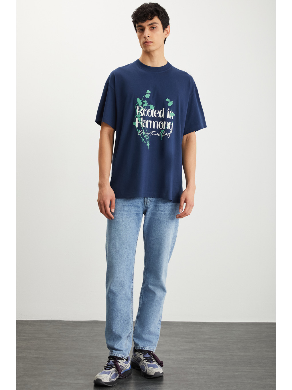 Roklen Erkek %100 Pamuk Bisiklet Yaka Baskılı Lacivert T-shirt-3