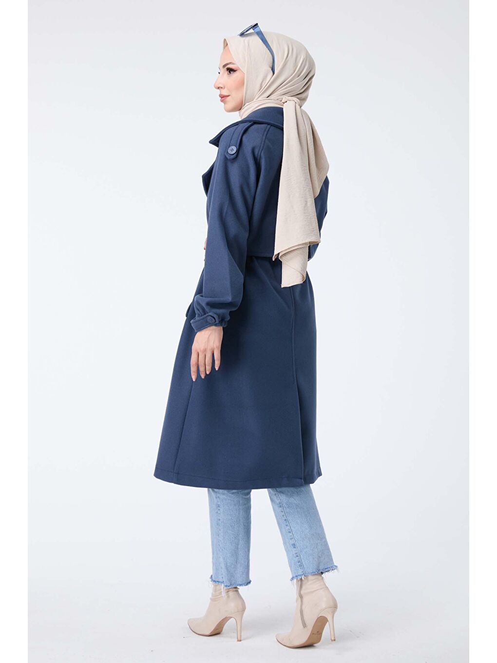 Gömlek Yaka Kadın Lacivert Kaşe Kaban - 23443-6