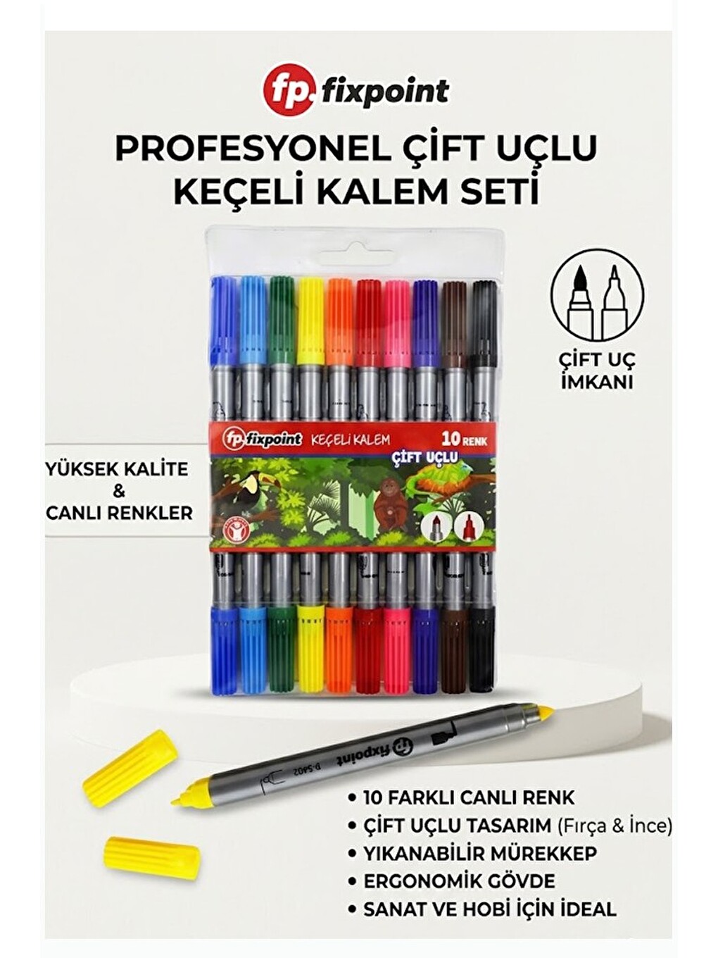 Çift Uçlu 10 Lu İnce Ve Kalın Uçlu Keçeli Kalem 1 Paket Fixpoint P-5402 10 Renk Keçe Uçlu Kalem Renk
