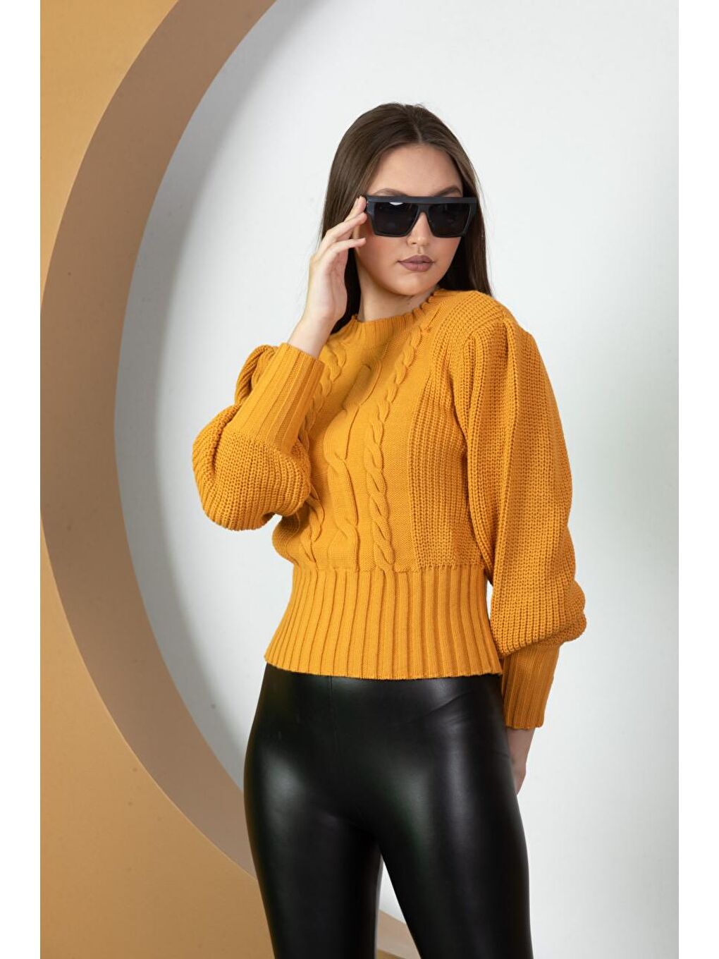 Sarı Kadın Selanik Örgü Saçlı Triko Kazak