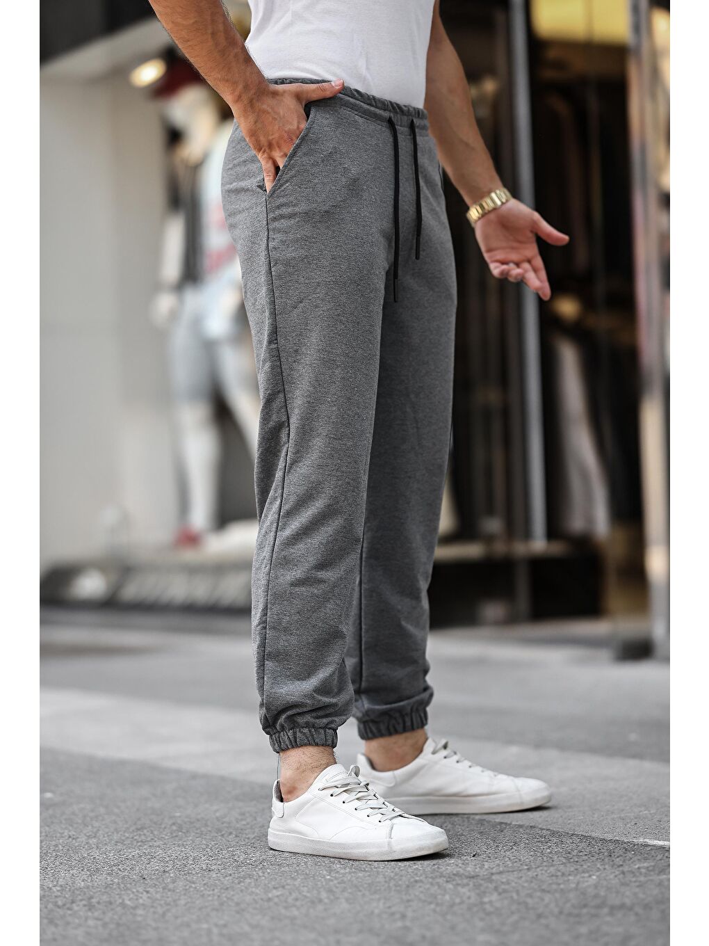 Gri İki İplik Paça Lastikli Erkek Jogger Eşofman Altı