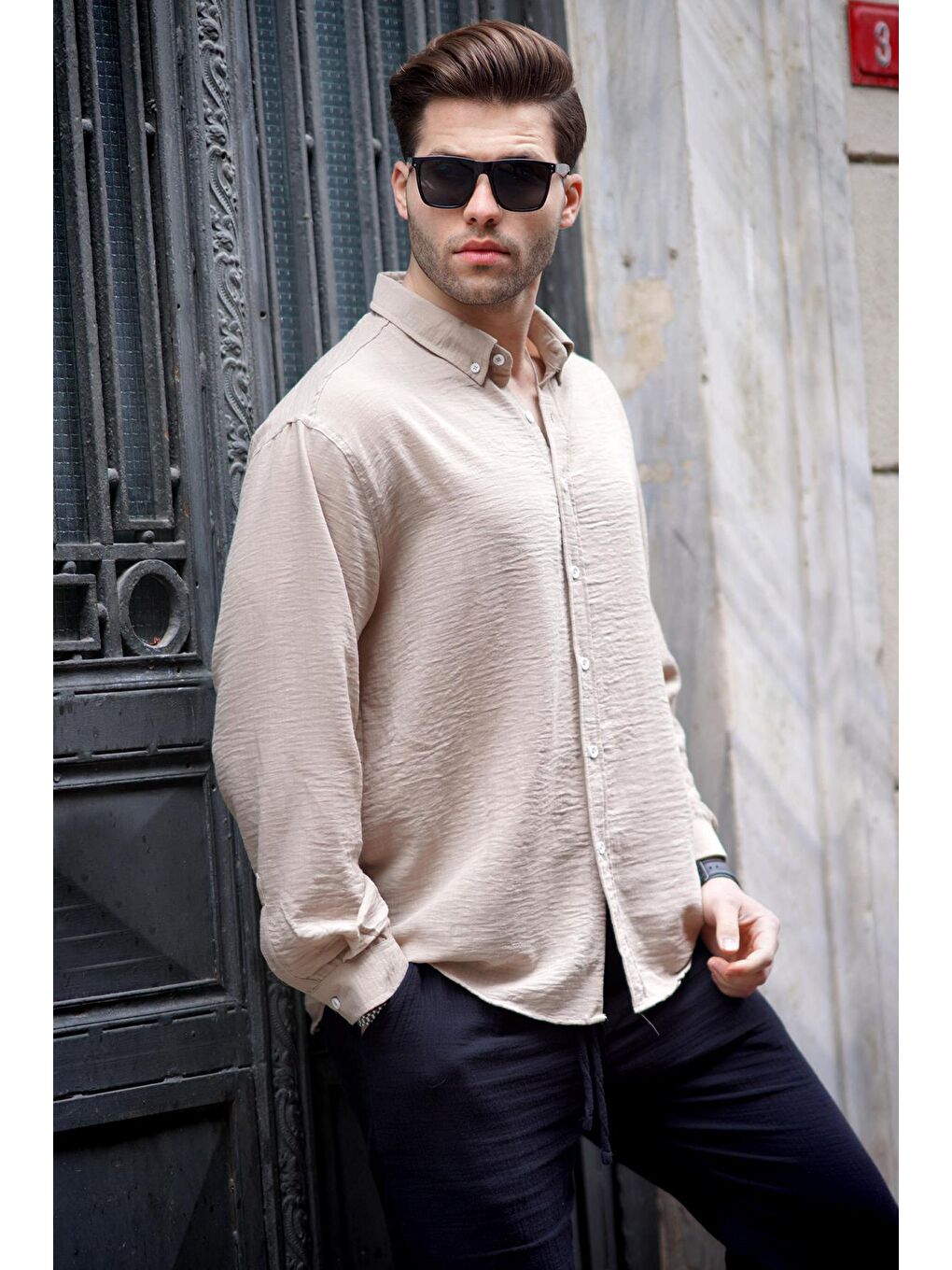 Bej Uzun Kollu Oversize Erkek %100 Pamuk Gömlek 6735-1