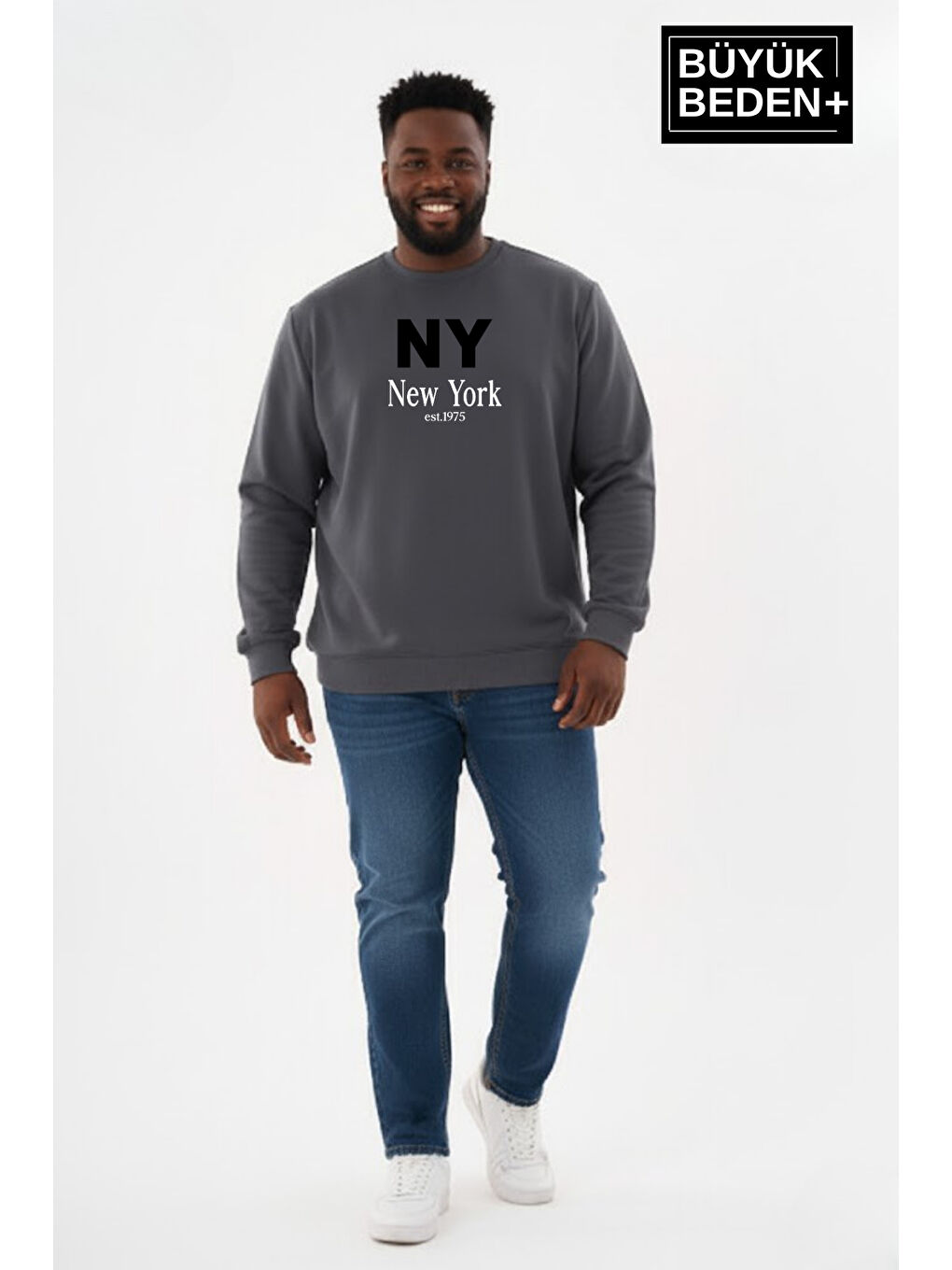 Gri Erkek Büyük Beden NY Newyork Baskılı Bisiklet Yaka ince Sweatshirt SPR26BSW956-15