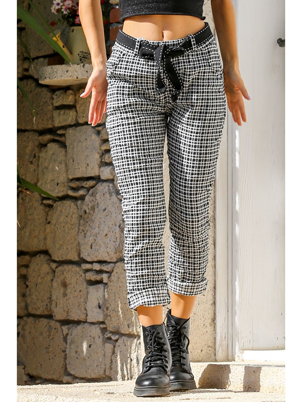 Gri Ekose Cepli Dokuma Kemerli Jogger Paça Pantolon