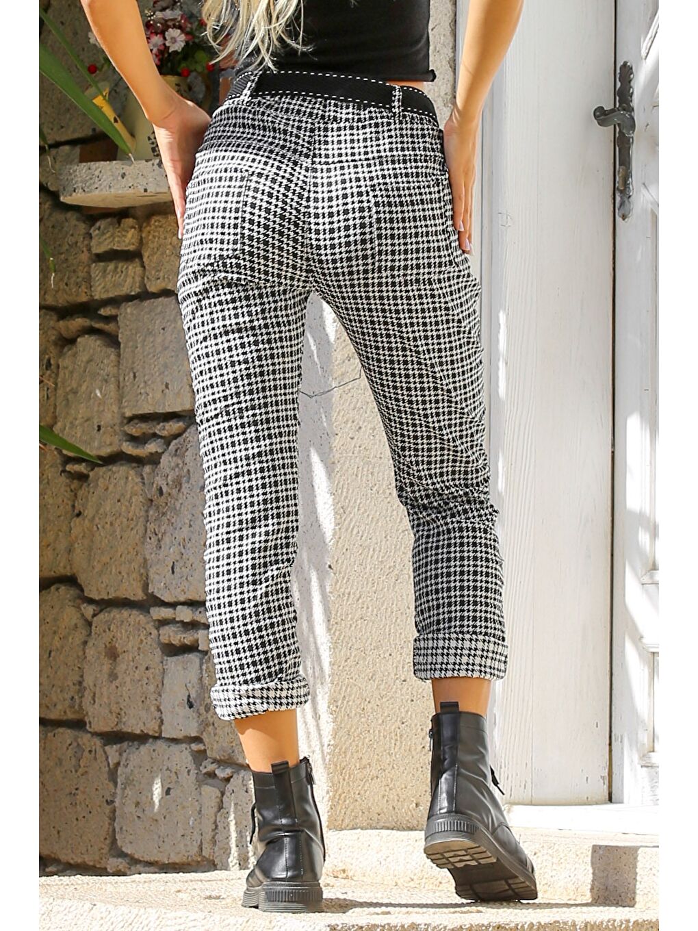 Gri Ekose Cepli Dokuma Kemerli Jogger Paça Pantolon-1