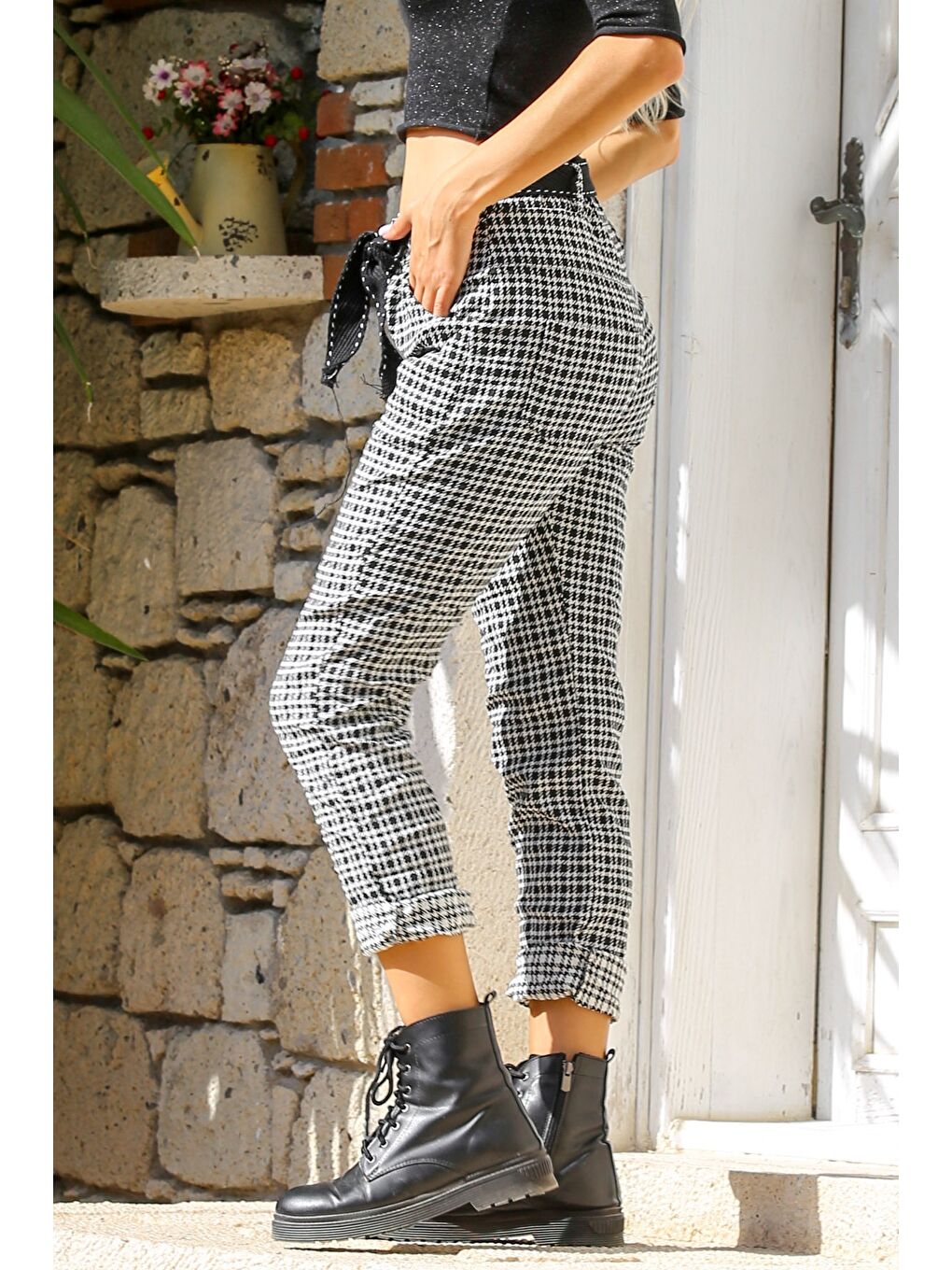 Gri Ekose Cepli Dokuma Kemerli Jogger Paça Pantolon-2