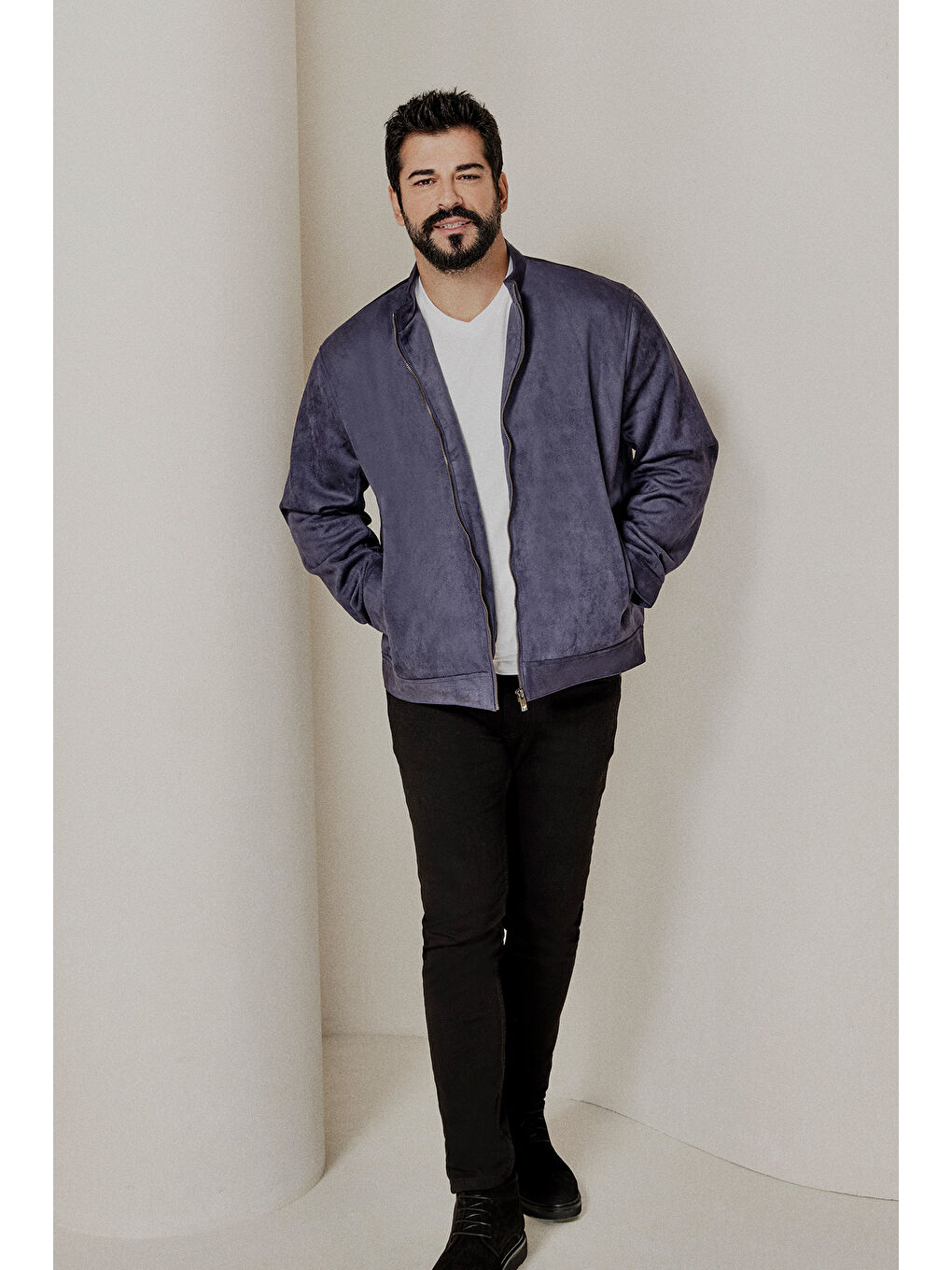 Erkek Lacivert Standart Fit Normal Kesim Dik Yaka Yağlı Görünümlü Mont-1