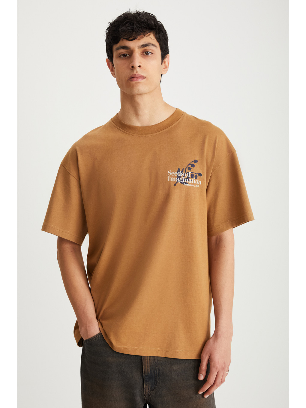 Roklen Erkek %100 Pamuk Bisiklet Yaka Baskılı Kahverengi T-shirt