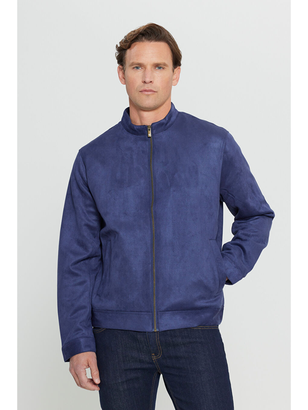 Erkek Lacivert Standart Fit Normal Kesim Dik Yaka Yağlı Görünümlü Mont-4