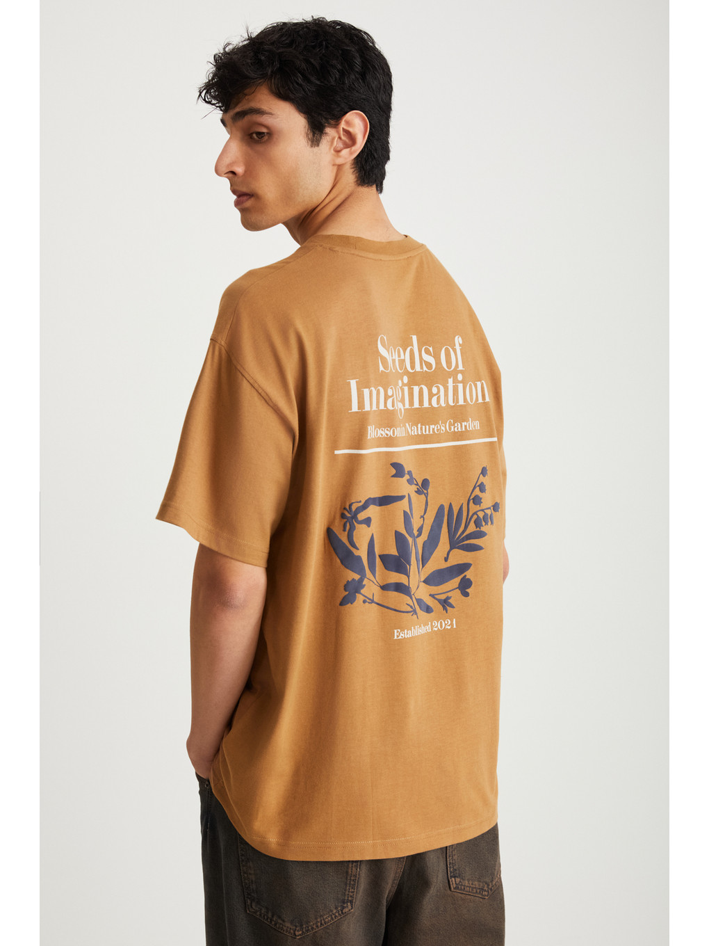 Roklen Erkek %100 Pamuk Bisiklet Yaka Baskılı Kahverengi T-shirt-1