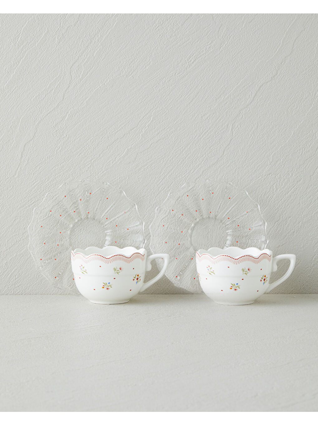 Daisy Days New Bone China 4 Parça 2 Kişilik Cam Tabaklı Kahve Fincan Takımı 80 ml Pembe - Yeşil-1