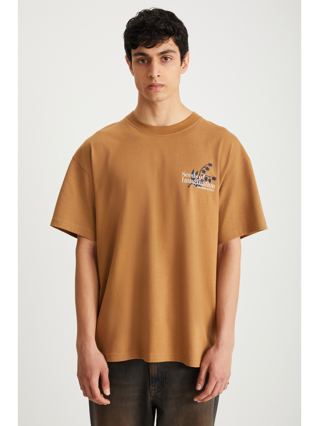 Roklen Erkek %100 Pamuk Bisiklet Yaka Baskılı Kahverengi T-shirt-2