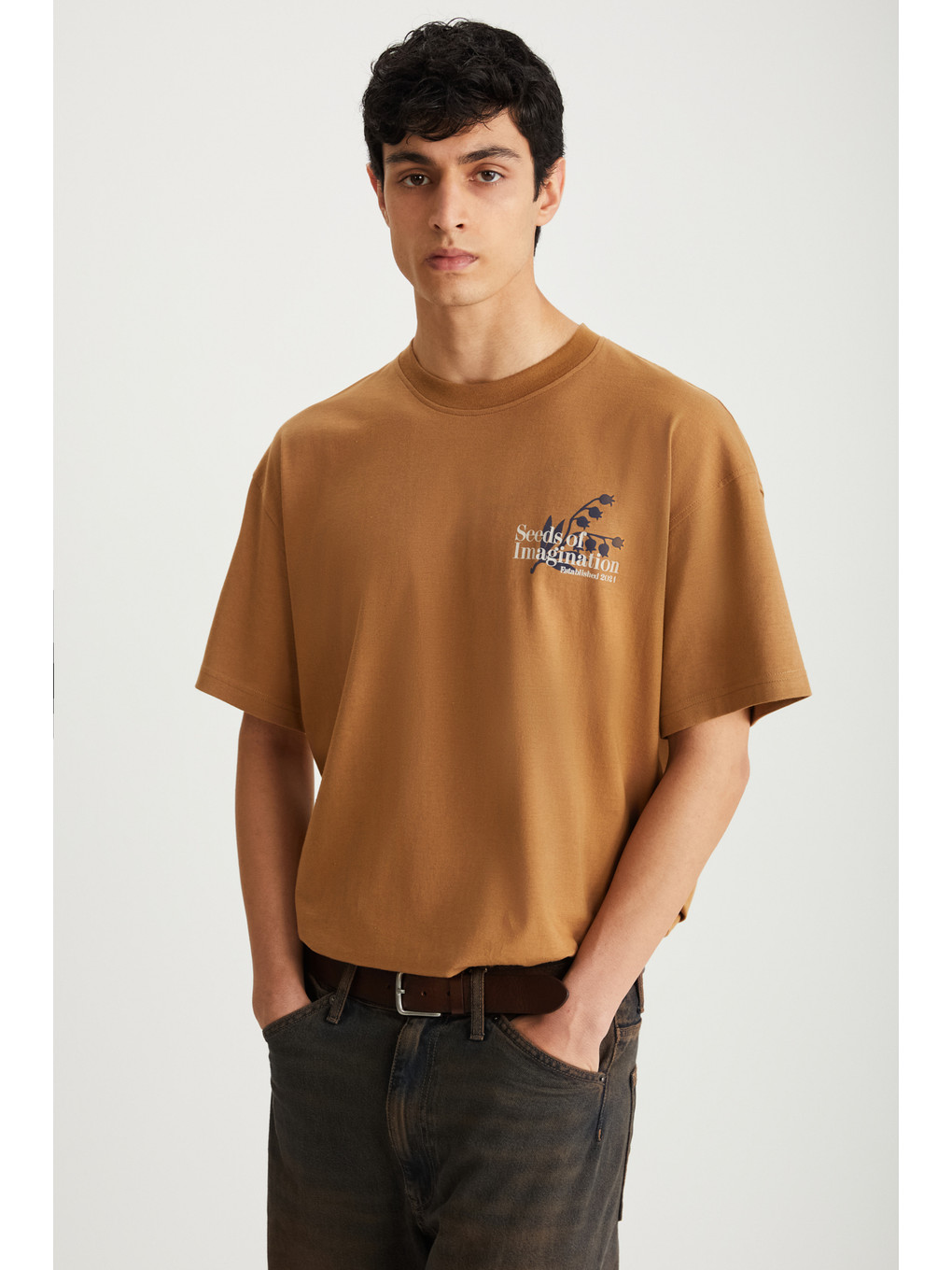 Roklen Erkek %100 Pamuk Bisiklet Yaka Baskılı Kahverengi T-shirt-3
