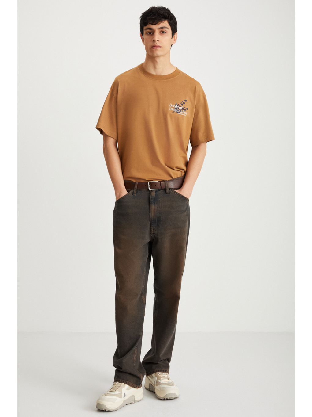Roklen Erkek %100 Pamuk Bisiklet Yaka Baskılı Kahverengi T-shirt-4