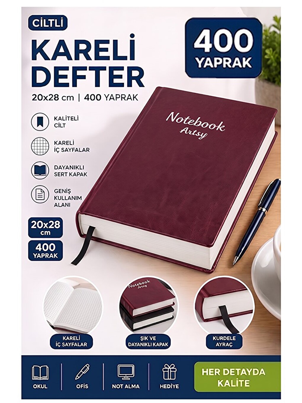 Ciltli Kareli Defter 400 Yaprak 20x28cm 1 Adet Çok Yapraklı Sert Kapaklı Not Hesap Defteri Okul Ofis