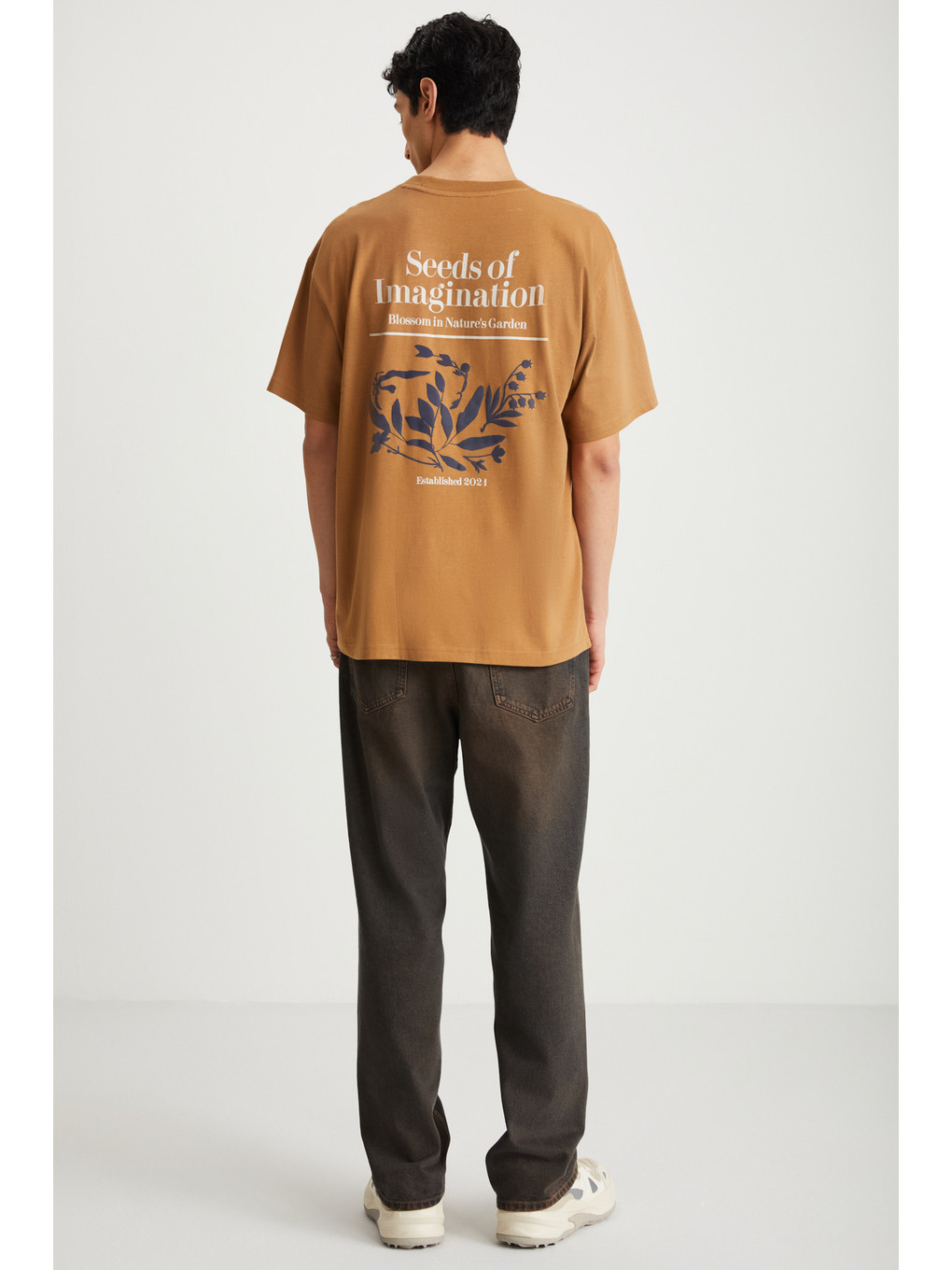 Roklen Erkek %100 Pamuk Bisiklet Yaka Baskılı Kahverengi T-shirt-5