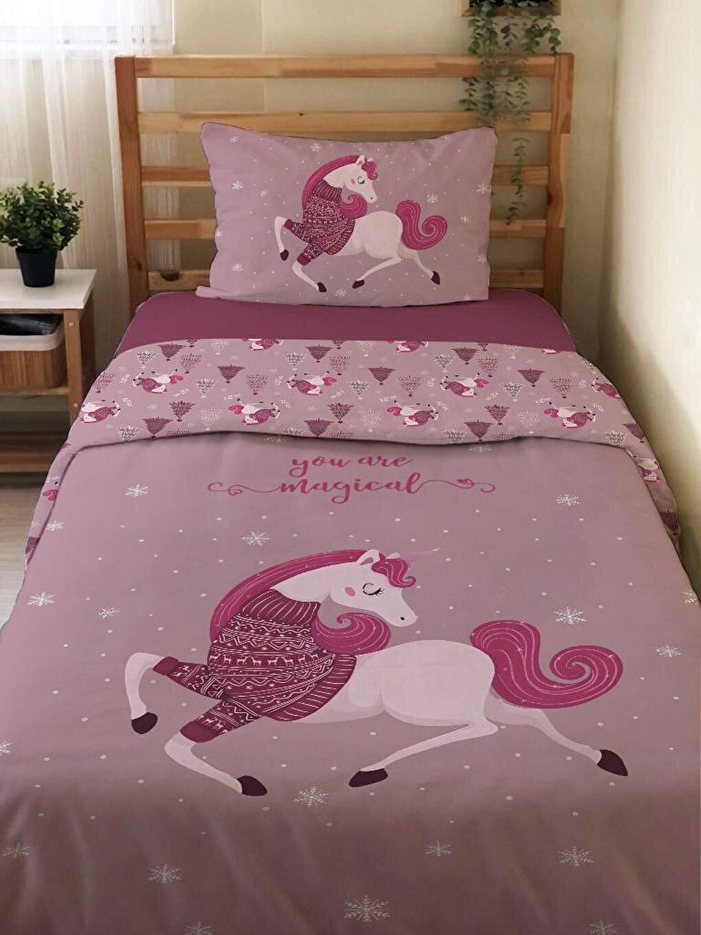 Desenli Çarşafsız 2'li Takım Baskılı Tek Kişilik Nevresim Takımı Pembe 160x220 cm