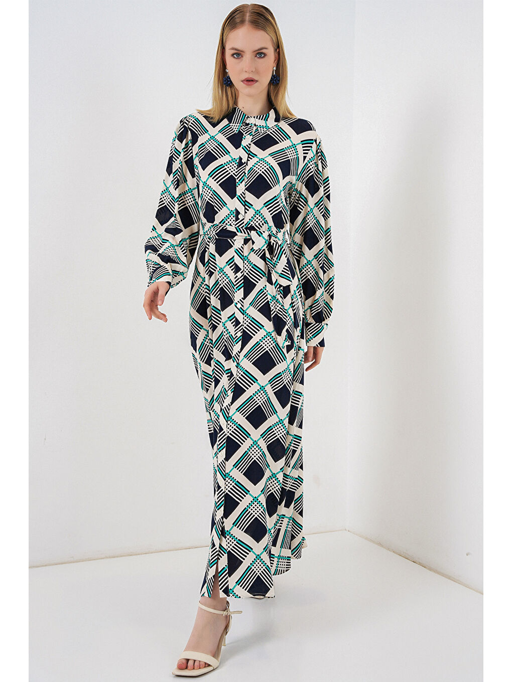 Kadın Boydan Düğmeli Uzun Tesettür Elbise 2588 - F.Lacivert-2