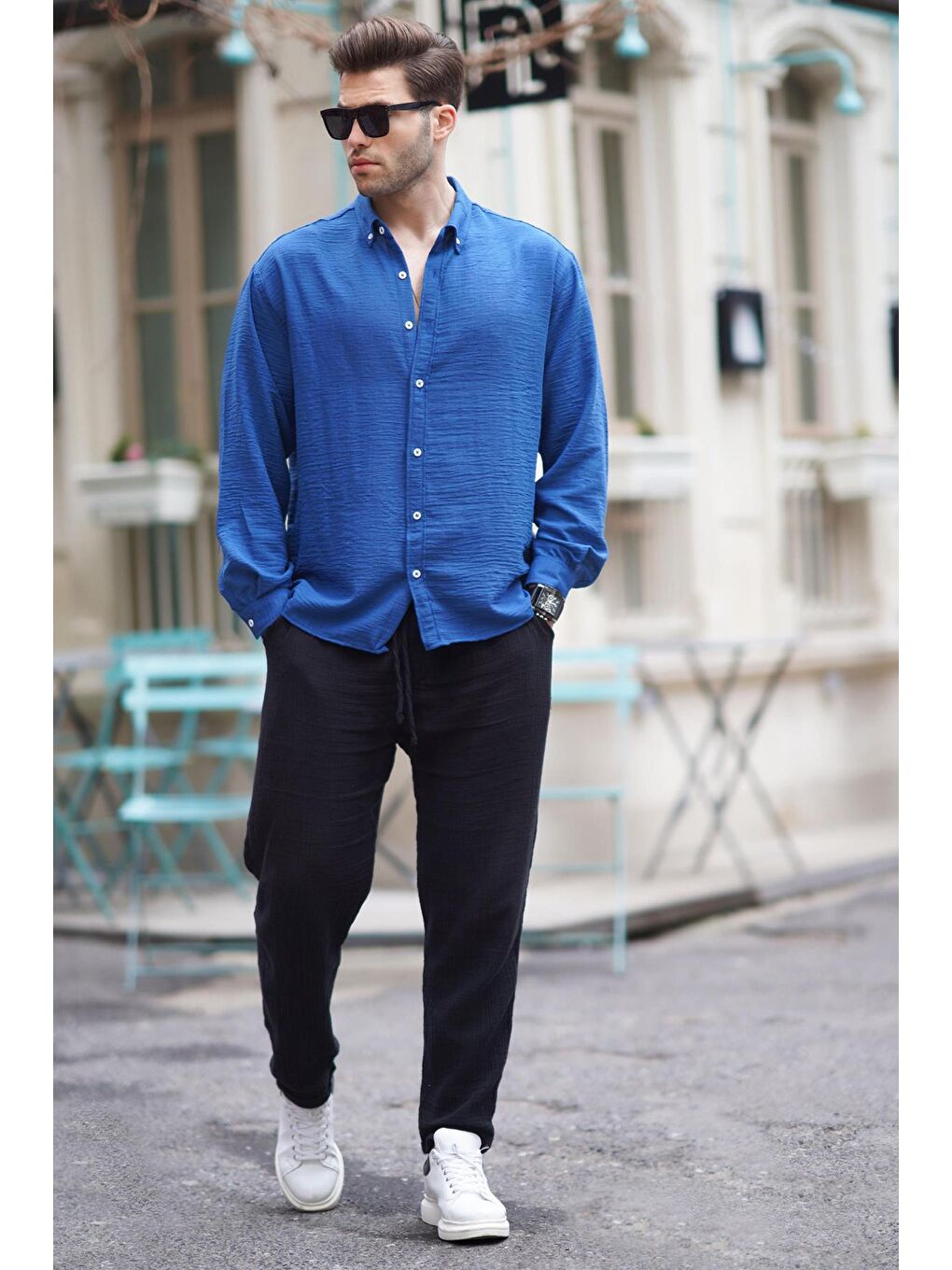 Mavi Uzun Kollu Oversize Erkek Gömlek 6735-1