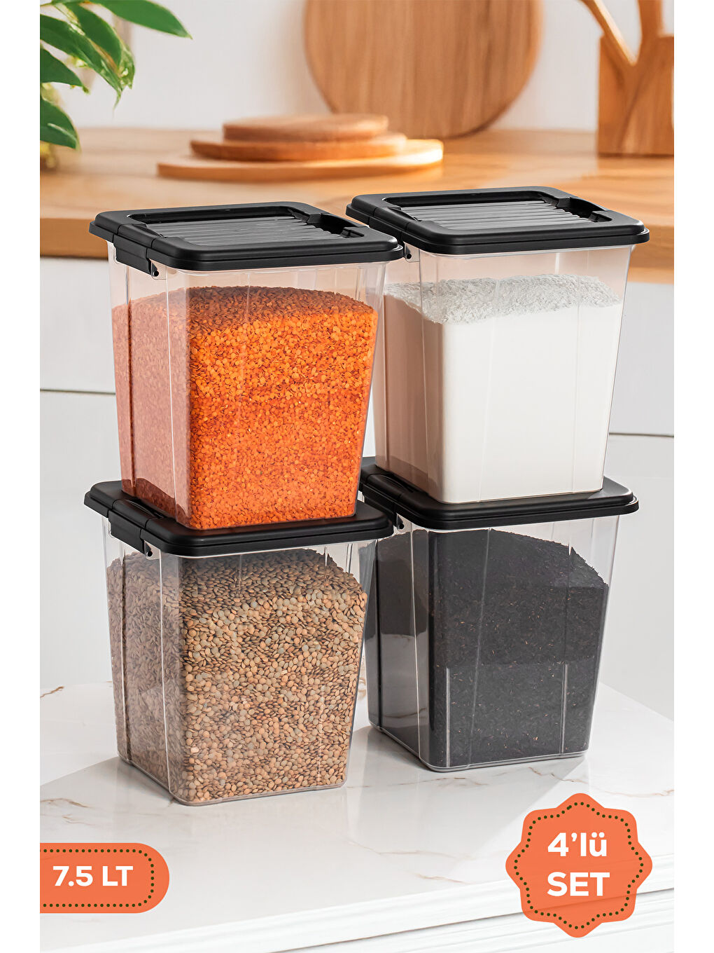 Siyah 4370 4lü Mega Boy Hava Geçirmez Deterjan Saklama Kabı Erzak Saklama Kabı Seti Gri 7,5lt
