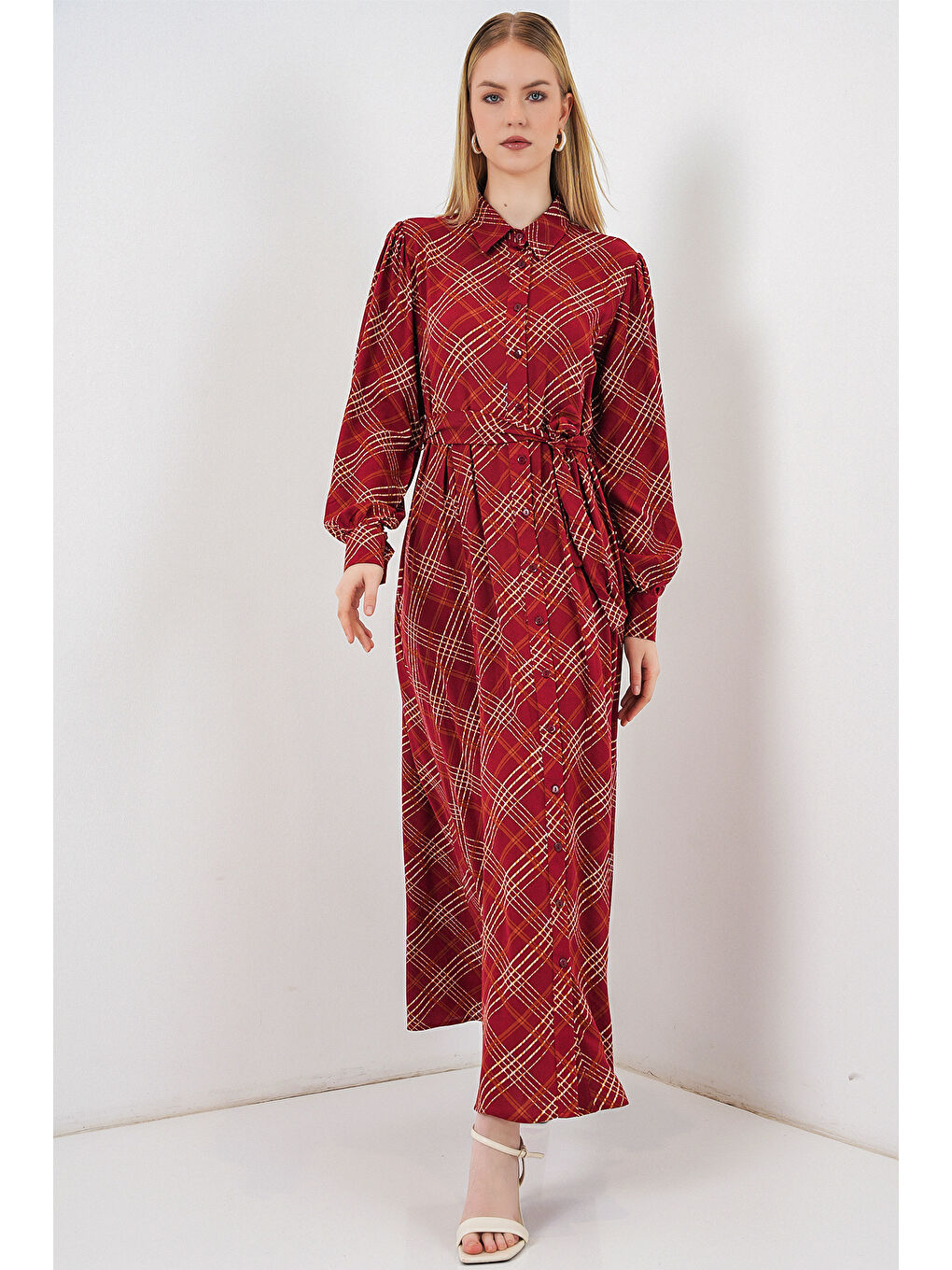 Kadın Boydan Düğmeli Uzun Tesettür Elbise 2588 - Bordo-2