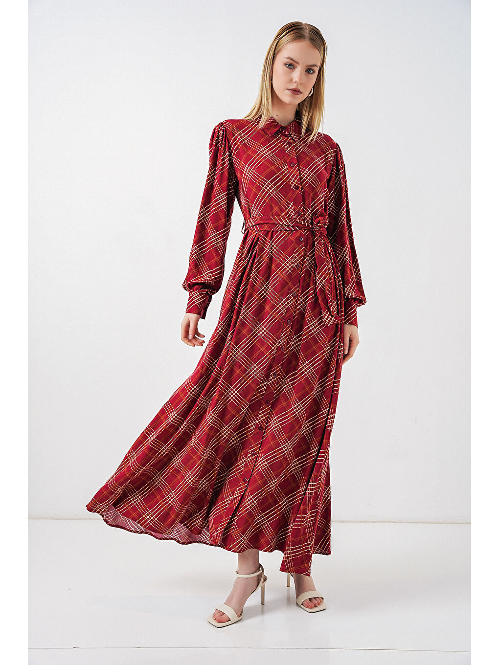 Kadın Boydan Düğmeli Uzun Tesettür Elbise 2588 - Bordo-3