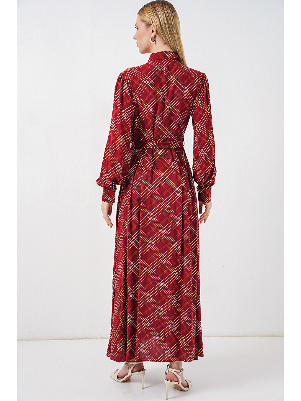 Kadın Boydan Düğmeli Uzun Tesettür Elbise 2588 - Bordo-5