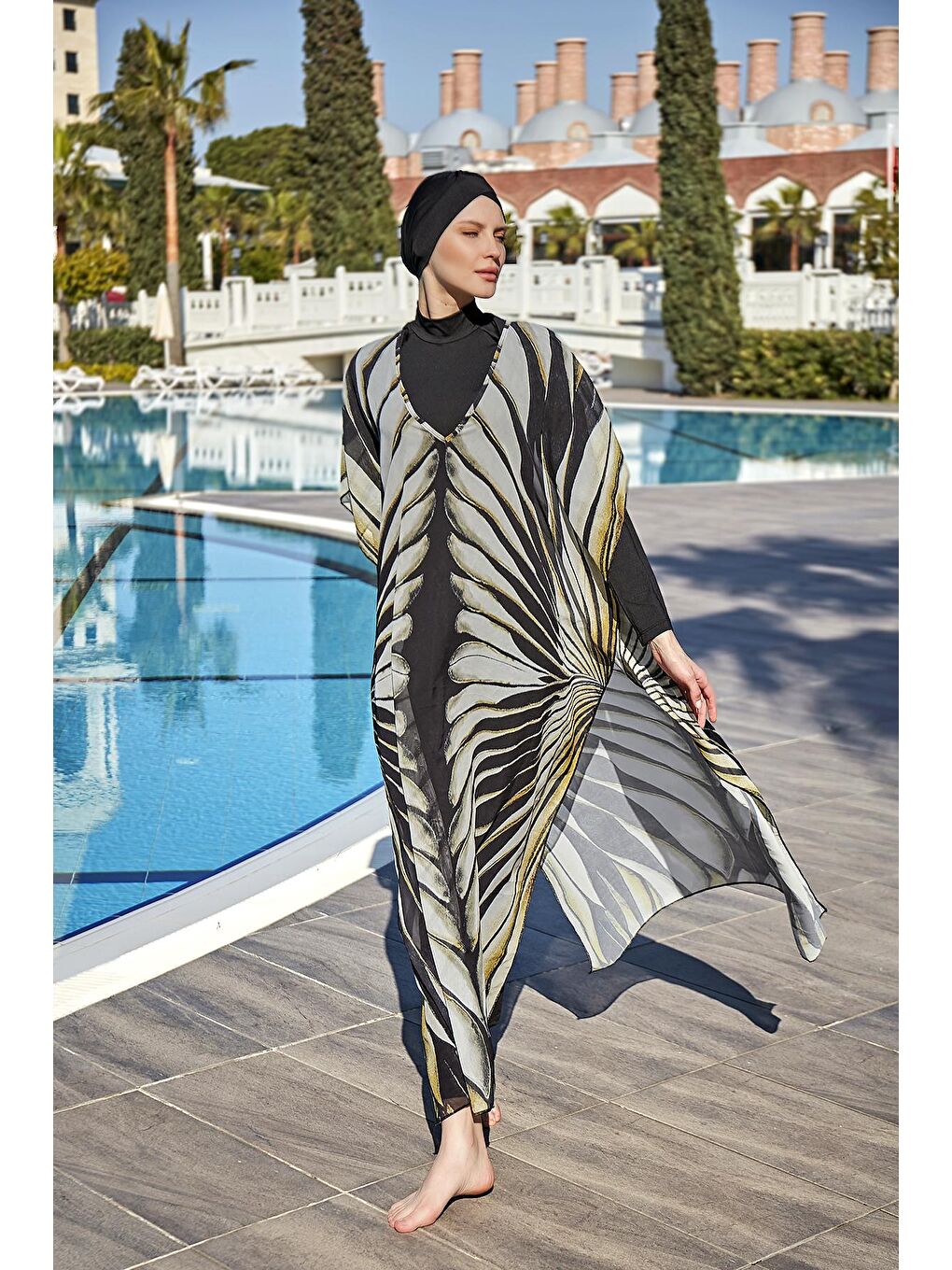 Siyah Tesettür Mayo Üzerine Tasarım Tek Kaftan Pareo RDP004 Kanatlar-1