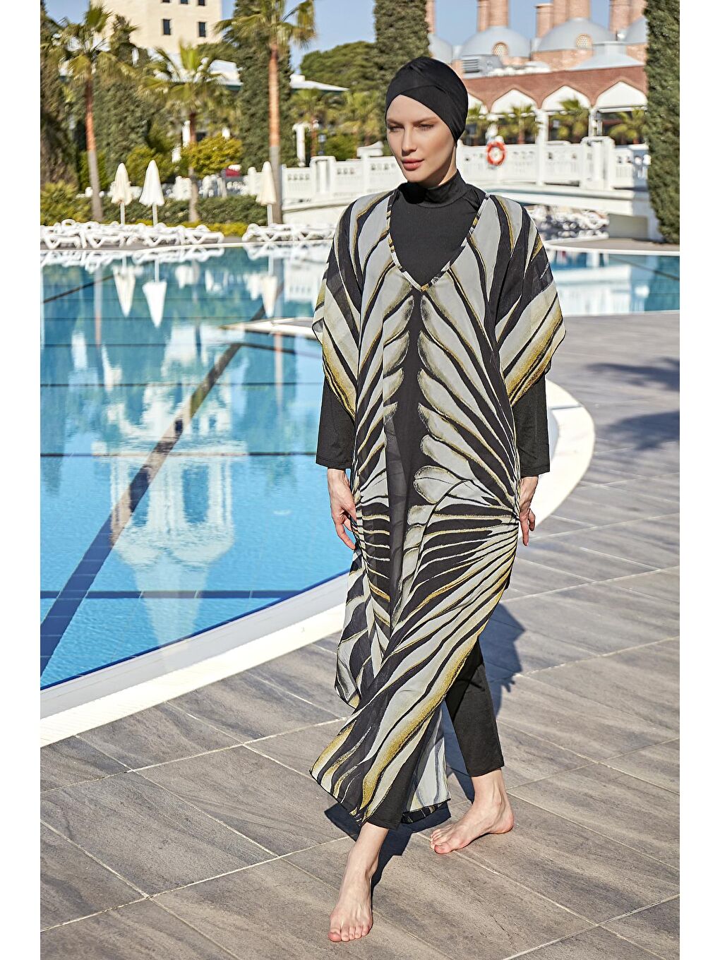 Siyah Tesettür Mayo Üzerine Tasarım Tek Kaftan Pareo RDP004 Kanatlar-2