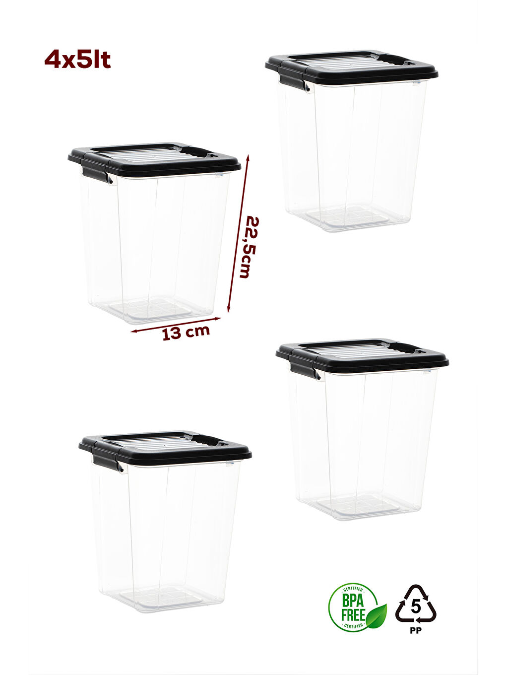 Siyah 4371 4lü Mega Boy Hava Geçirmez Deterjan Saklama Kabı Erzak Saklama Kabı Seti Gri 5lt-4