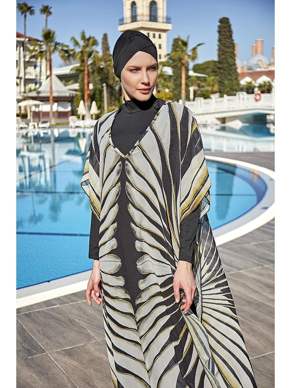 Siyah Tesettür Mayo Üzerine Tasarım Tek Kaftan Pareo RDP004 Kanatlar-3