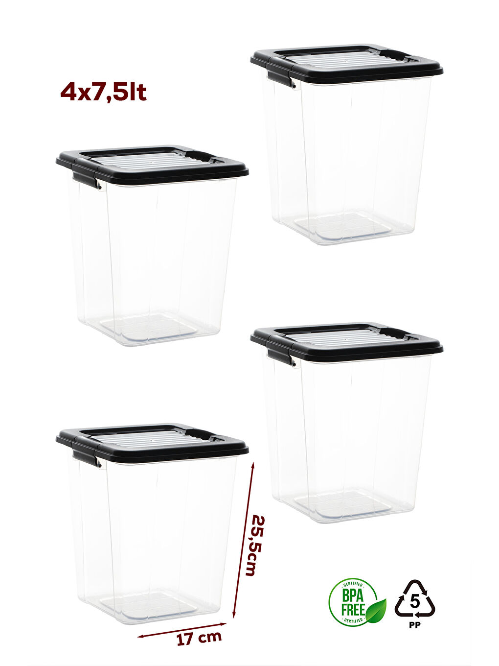 Siyah 4370 4lü Mega Boy Hava Geçirmez Deterjan Saklama Kabı Erzak Saklama Kabı Seti Gri 7,5lt-4